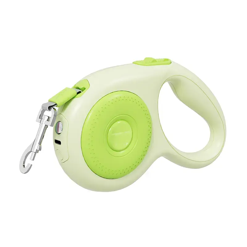 Vibrant lime green 5-meter retractable dog leash with built-in LED flashlight for safe night walking and high visibility by Xianzhuo Tech