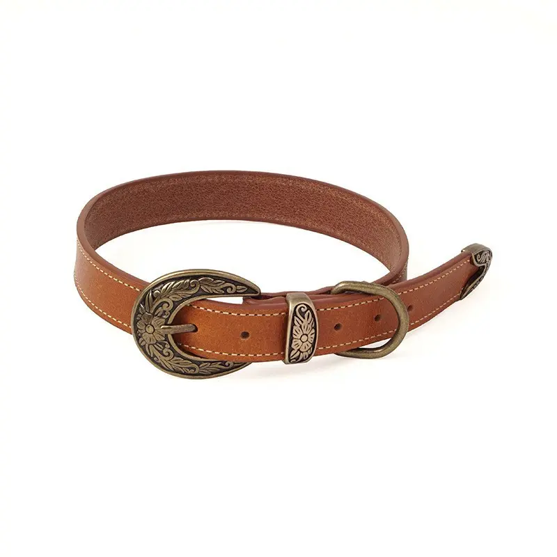 Vintage style genuine leather pet collar with antique brass-tone buckle, providing a classic and durable look for dogs by Xianzhuo Tech