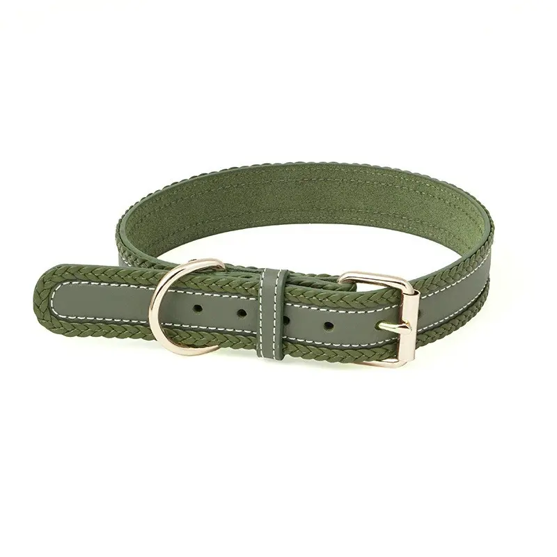 Stylish green genuine leather pet collar with durable buckle, offering a natural and premium look for dogs by Xianzhuo Tech