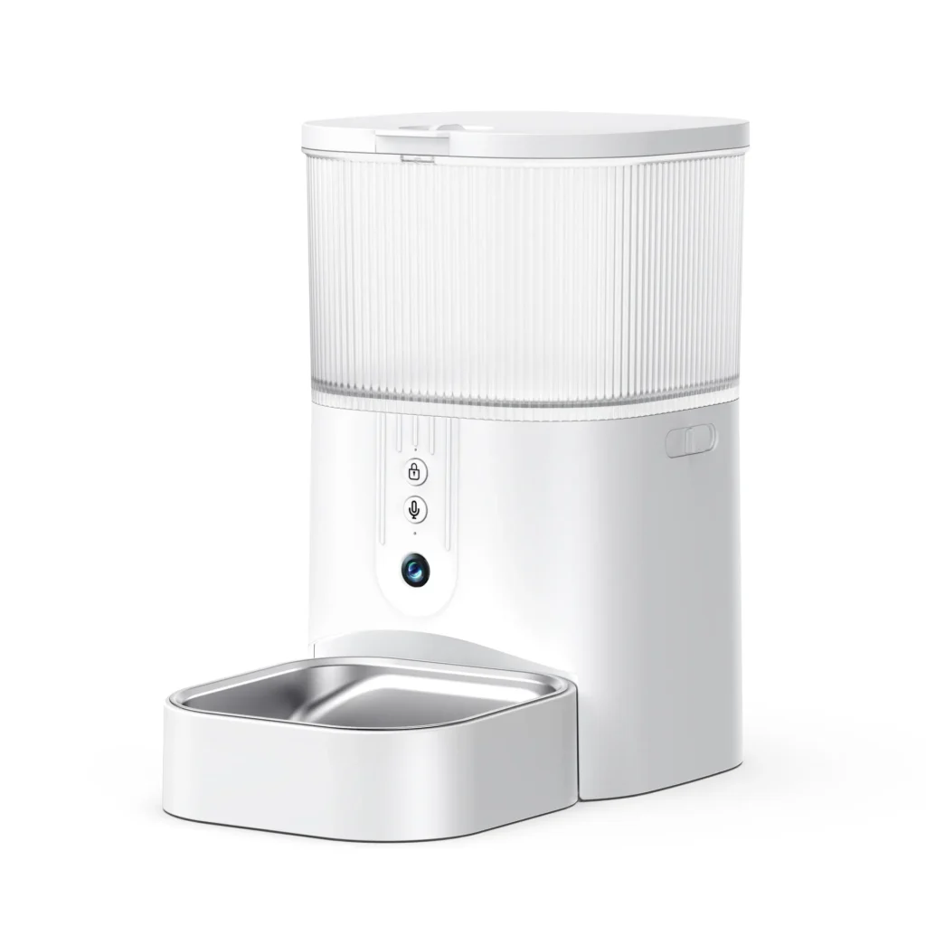 Smart automatic pet feeder with HD camera and mobile app control for remote monitoring and scheduling by Xianzhuo Tech