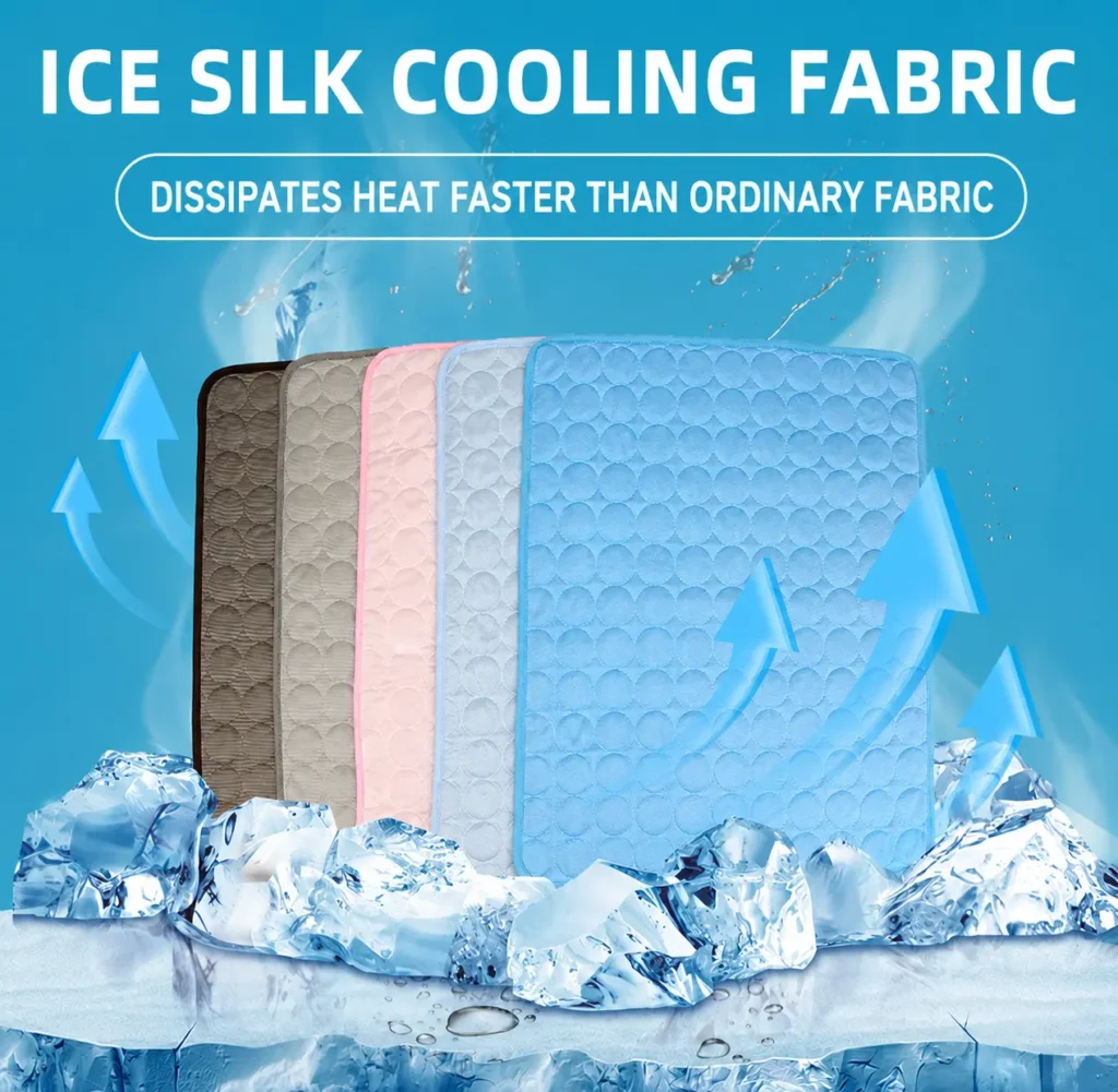 Ice silk cooling fabric pet mat for summer, breathable and comfortable cooling bed for dogs and cats.