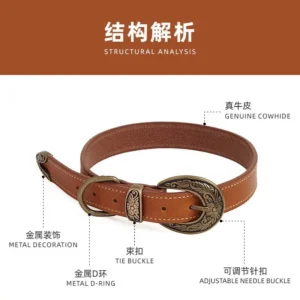 Genuine cowhide leather dog collar structural analysis showing metal decoration and adjustable buckle