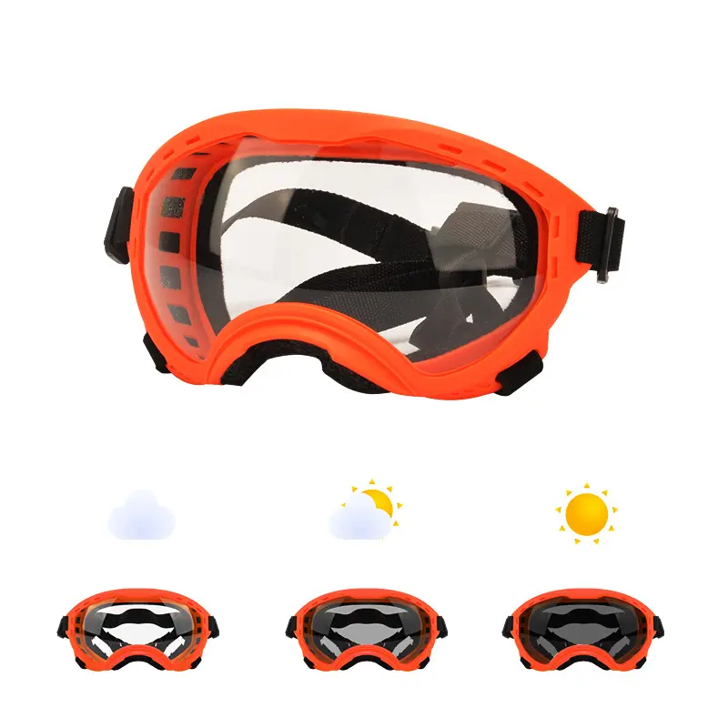 New smart photochromic dog goggles with orange frame for outdoor UV protection
