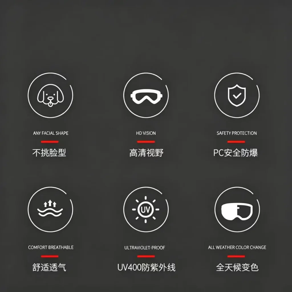 Features overview of photochromic pet sunglasses with safety explosion-proof PC lenses
