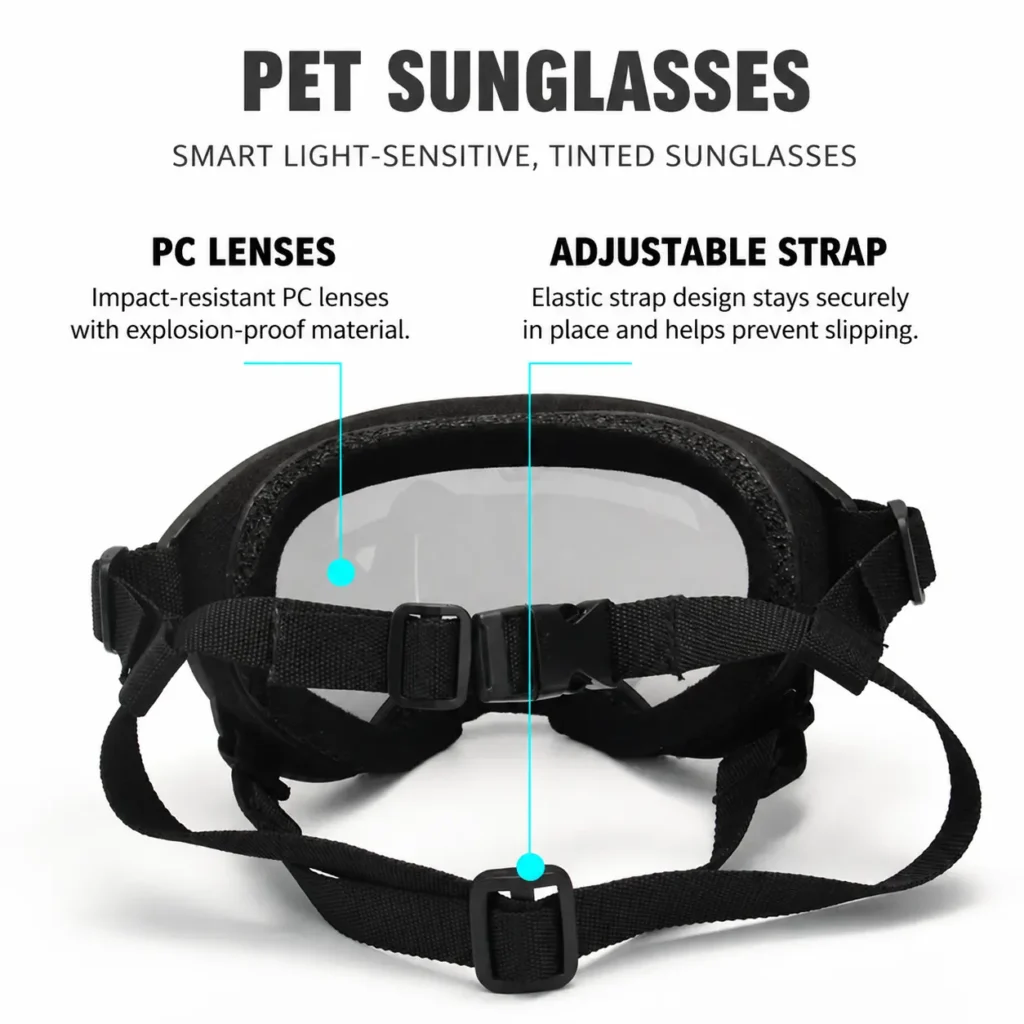 Outdoor pet sunglasses with UV protection and adjustable strap for dogs