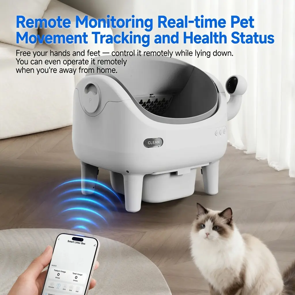 Smart litter box with a 180° rotatable ultra-wide-angle camera.