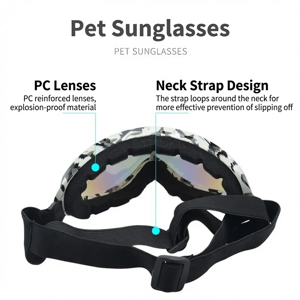 Pet goggles featuring a colorful frame design.