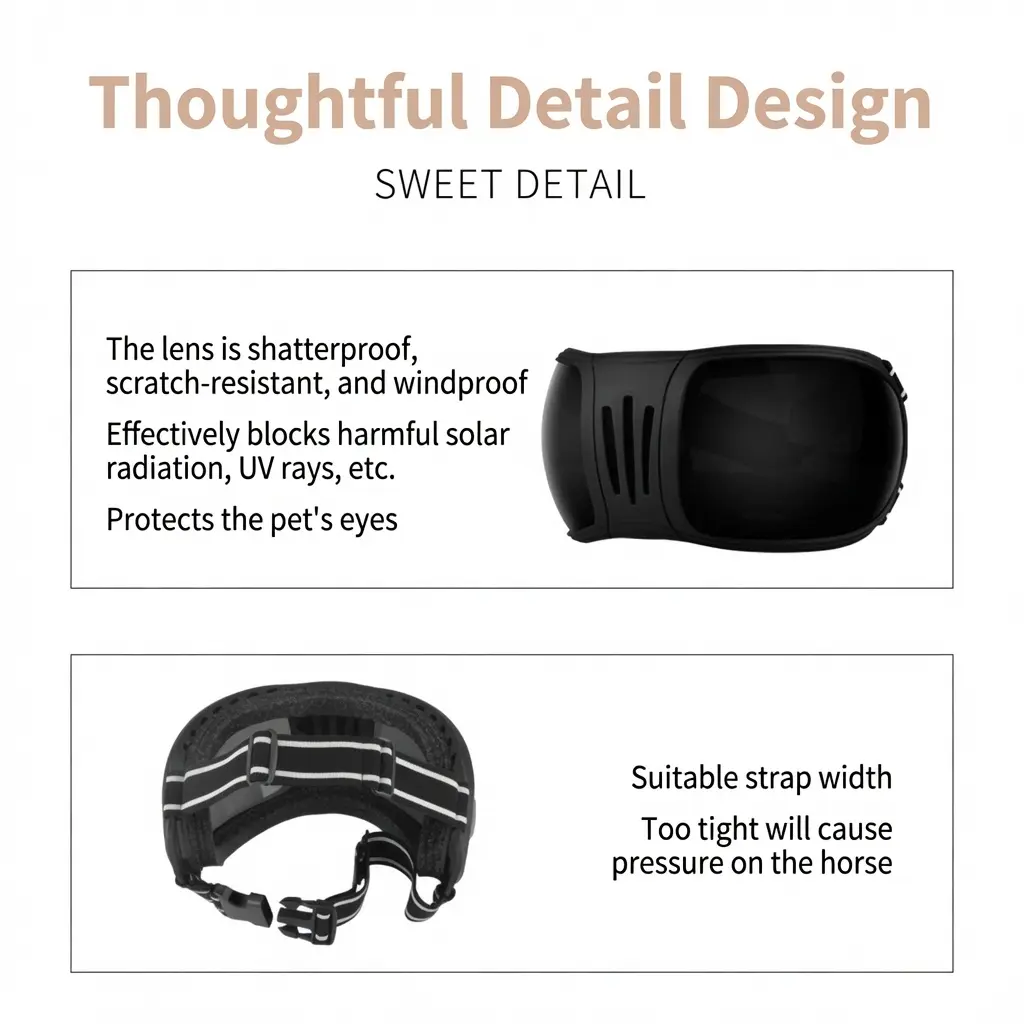 Thoughtful detail design of horse goggles featuring shatterproof lens and adjustable strap