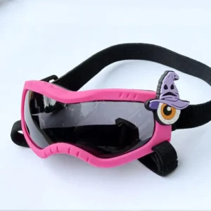Cute pink frame dog glasses with a witch hat charm for Halloween pet party.